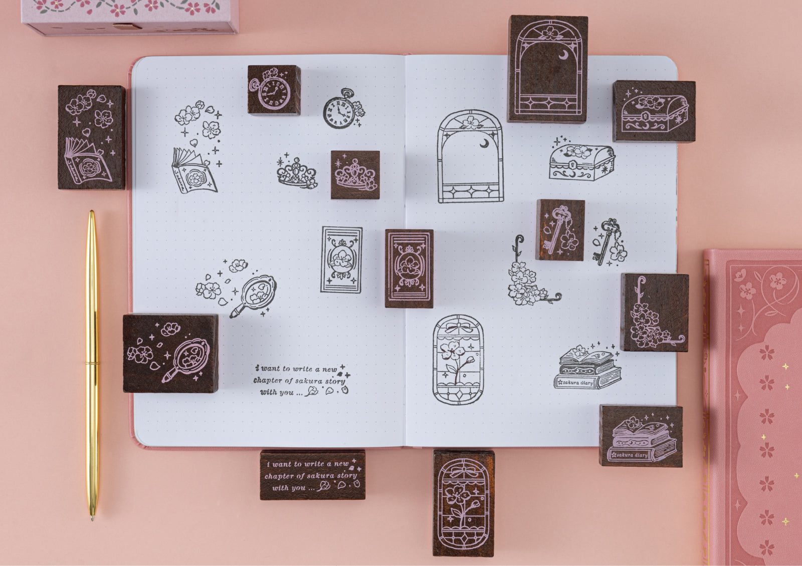 Overview of stamp impressions in a journal spread demonstrating how to mix and match different designs.