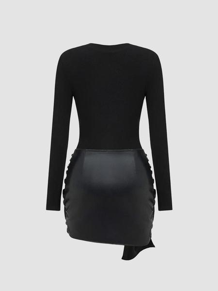 Women's Patchwork Knot Side Dress, Casual Fashion Long Sleeve Dress for Daily Wear, Ladies Clothes for All Seasons