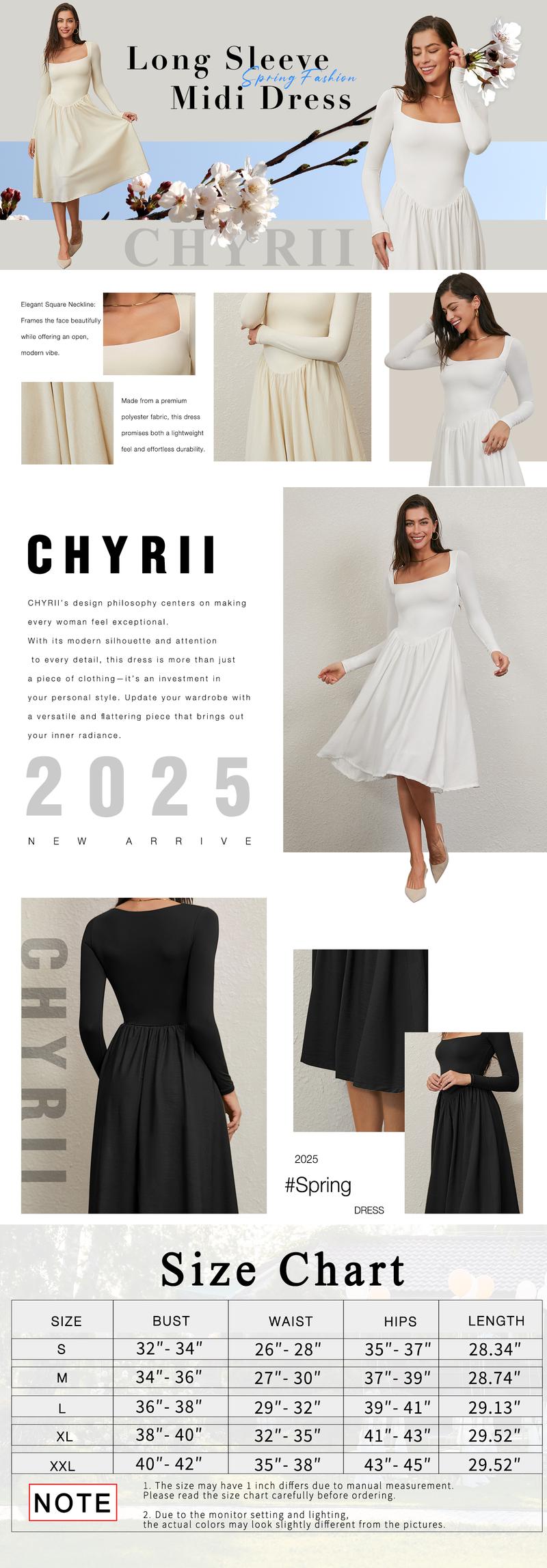 CHYRII Women��s 2025 Spring Square Neck Long Sleeve A-Line Midi Dress