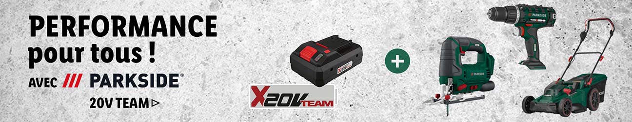 Outils Parkside 20V : perceuse, scie sauteuse, tondeuse.