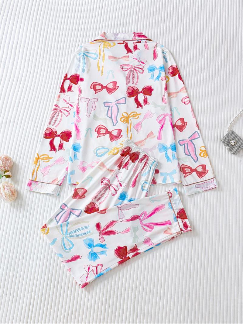 Two-piece Set Women's Bow Print Button Front Pocket Shirt & Elastic Waist Pants Pajama, Casual Comfy Long Sleeve Lapel Neck Top & Trousers Pj Set, Ladies Sleepwear for Spring & Fall