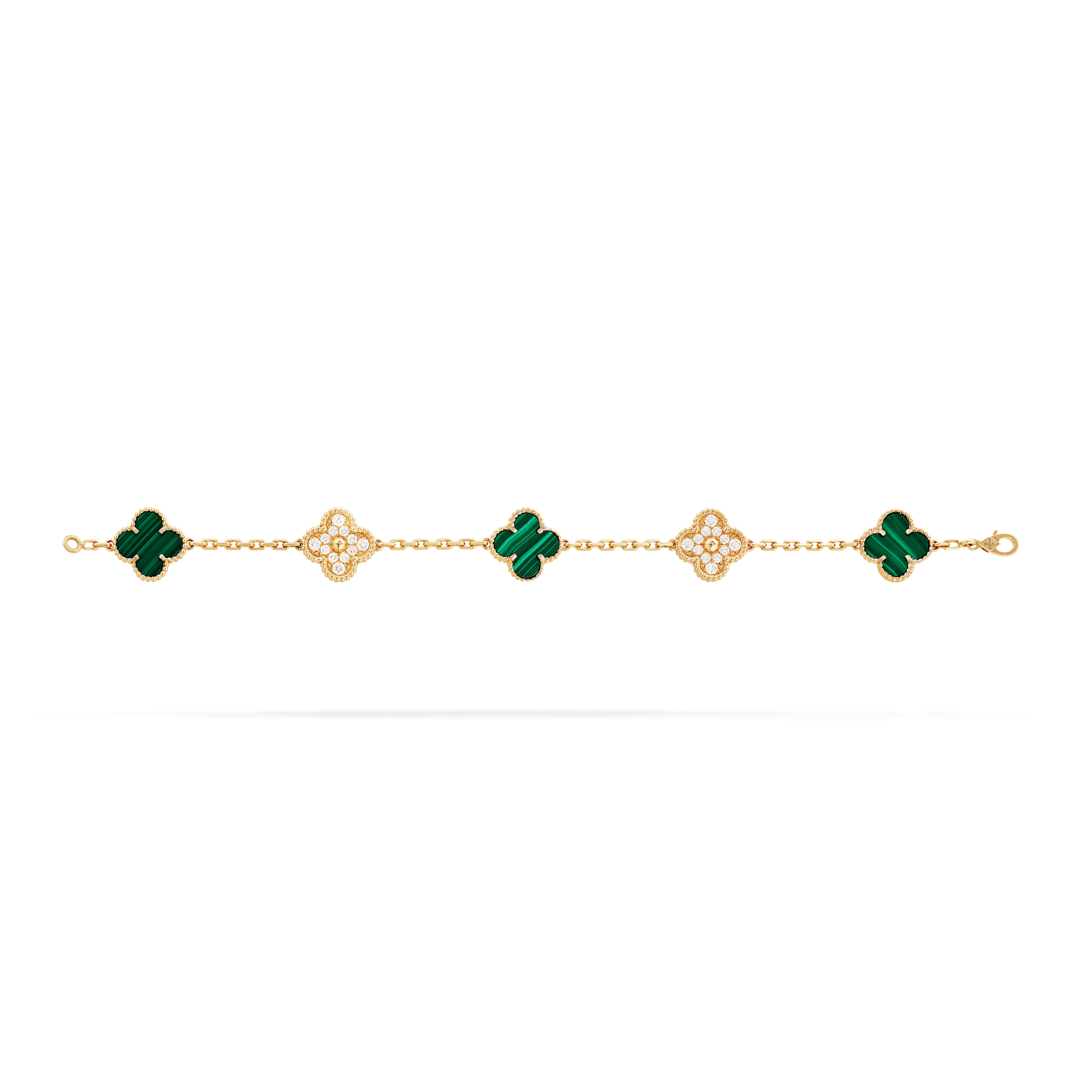 ヴィンテージ アルハンブラ ブレスレット、5モチーフ, イエローゴールド, ダイヤモンド:24 石,0.97 カラット, マラカイト:3 石, Open, Jewelry Bracelet