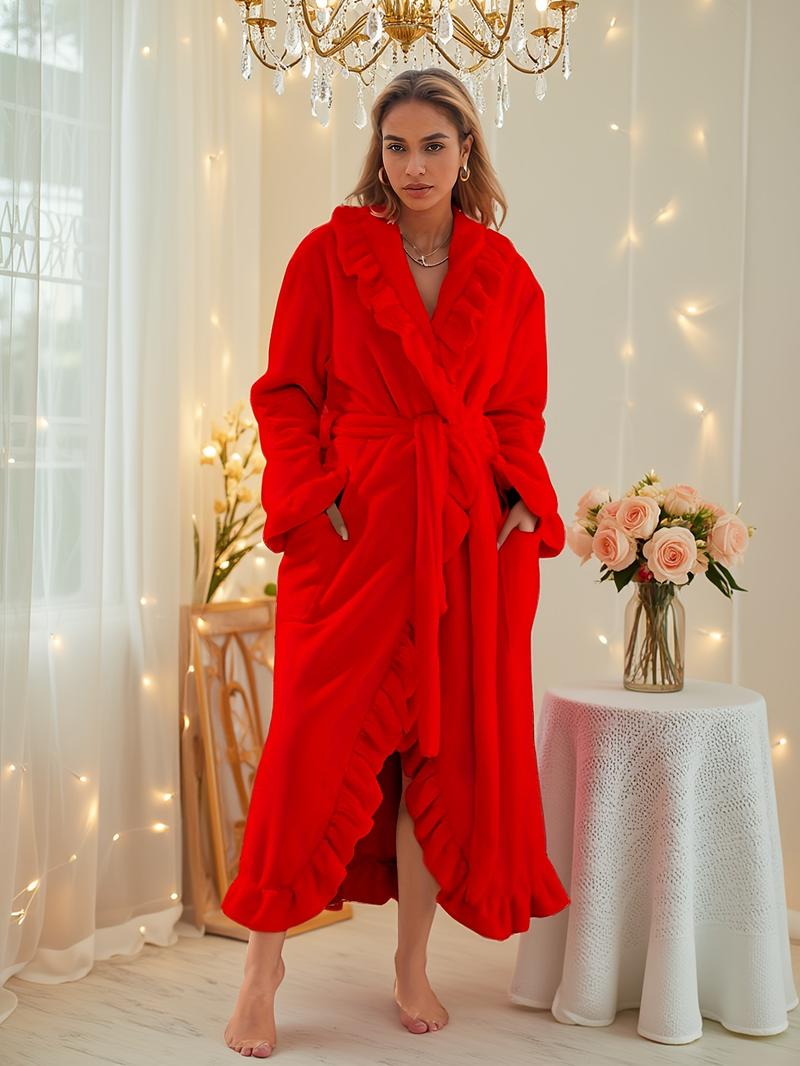 Fall & Winter Fitted Flannel Long Sleeved Robe with Ruffle Hem, Cozy Warmth and Elegant Style, Thick and Soft Layered Bathrobe
