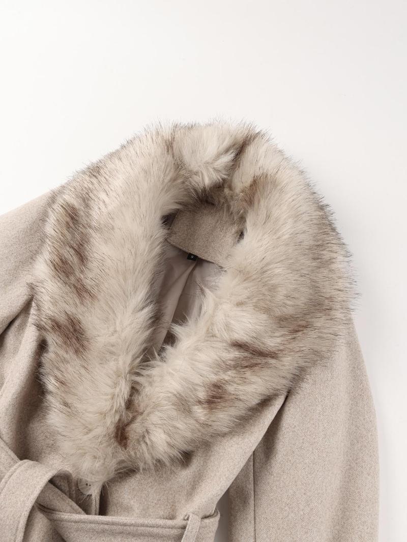 Women's Fall Winter Mid-Length Plain Woolen Coat, Warm Fitted Jacket with Fur Collar, Waist Belt & Pockets, Casual Style
