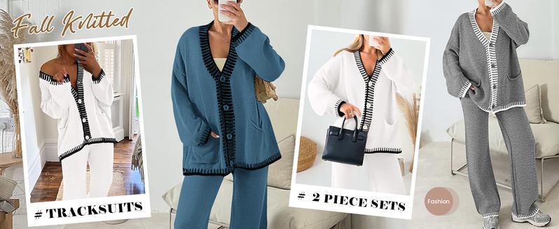 n Women's 2 Piece Set Winter Knit Outfits Matching Loungewear Long Sleeve V Neck Cardigan Sweaters Wide Leg Pants Tracksuits