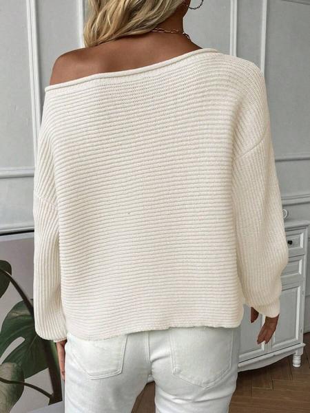 Women's Off-Shoulder Boat Neck Solid Color Long Sleeve Pullover Sweater, Autumn/Winter Ribbed Knit Casual Loose Fit Cute Fashion Cozy Soft Lightweight Sweater Top, Fall Outfit for Women, Winter Sweater Women