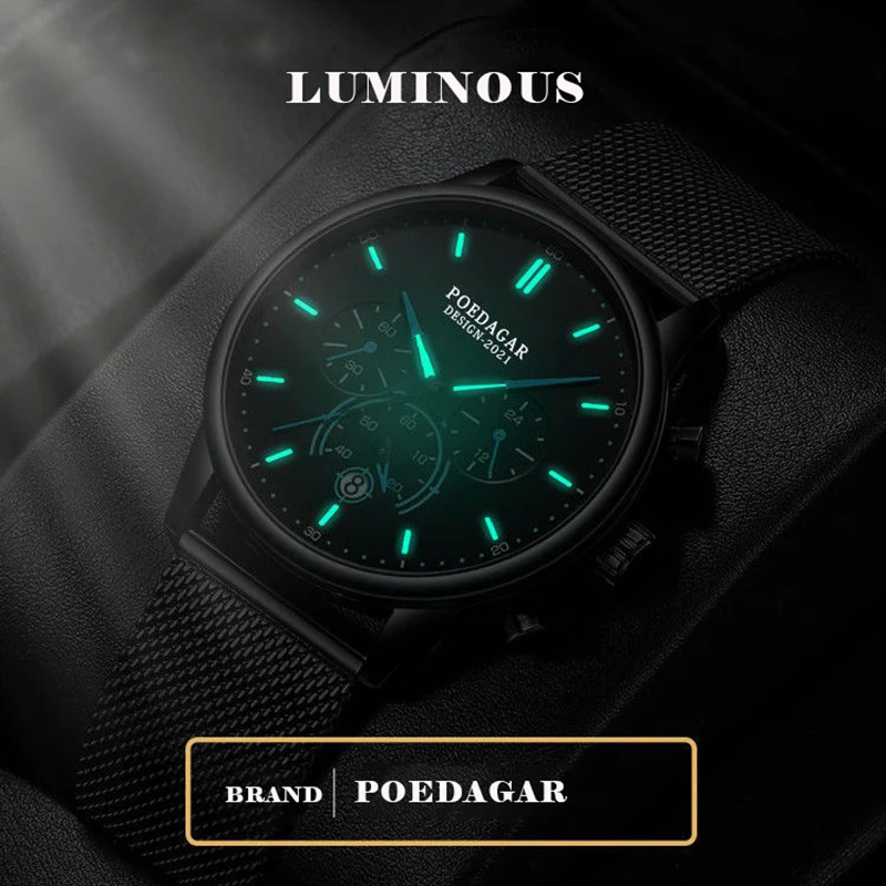 POEDAGAR Men Watch Fashion Chronograph Slim Stainless Steel Mesh Quartz Men's Wristwatch Waterproof Luminous Date Sport Watch
