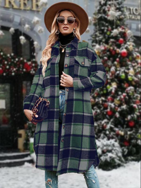 Women's Plaid Print Button Front Split Side Warm Coat, Casual Loose Drop Shoulder Long Sleeve Collared Outerwear for Daily Wear, Women's Clothes