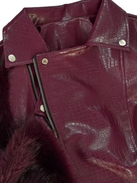 Women's Patchwork Fur Jacket, Crocodile Texture Sleeves, Zipper Design, Casual Biker Style, All Seasons Wear, Stylish & Luxurious Look