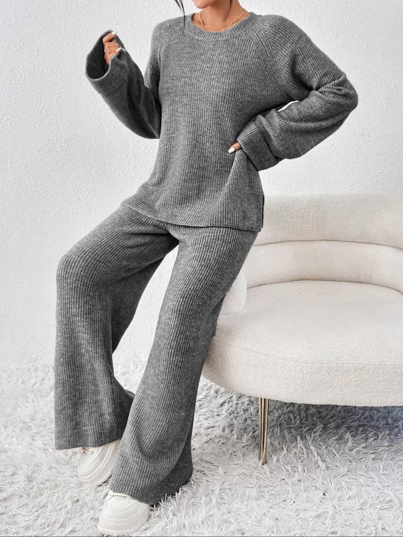 Women's Raglan Sleeve Split Sweater & Elastic Waist Pants Set, Basic Round Neck Top & Pants Sweater Set, Women's Autumn & Winter Clothing for Daily Wear.
