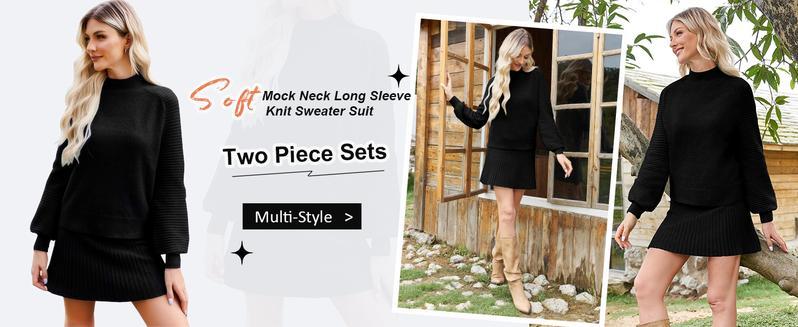 Women's 2 Piece Outfits 2025 Long Sleeve Mock Neck Ribbed Sweaters And Mini Skirt Two Piece Sets