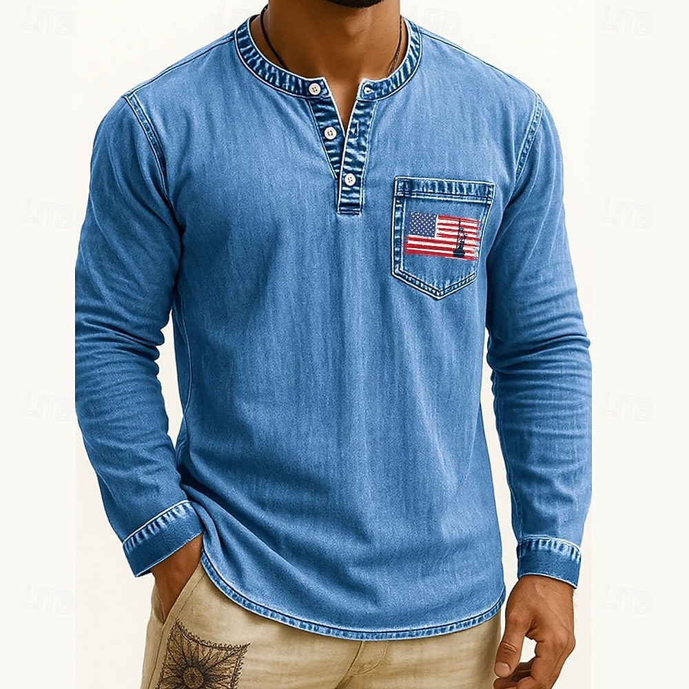 Men's Henley Shirt Tee Tee Top Long Sleeve Shirt Long Sleeve Henley Fall Winter Flag Retro Fashion Designer Fashion Vintage Vacation Street Going out Dark Brown Navy Black Top Tee for Men 2025 - $35.99 –P8