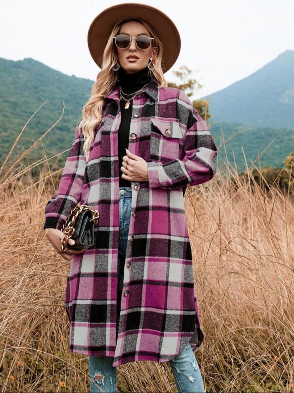 Women's Plaid Print Button Front Split Side Warm Coat, Casual Loose Drop Shoulder Long Sleeve Collared Outerwear for Daily Wear, Women's Clothes