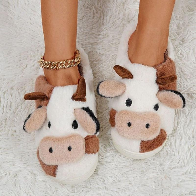 Cozy Cotton Cow Slippers for Women - Cute Animal Bedroom Shoes Winter Indoor Outdoor Slippers for Women