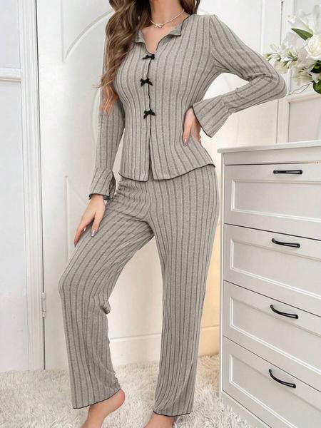 Women's Solid Lettuce Trim Top & Pants Loungewear Two-Piece Set, Casual Comfy Long Sleeve V Neck Top & Trousers PJ Set, Ladies Sleepwear for All Seasons