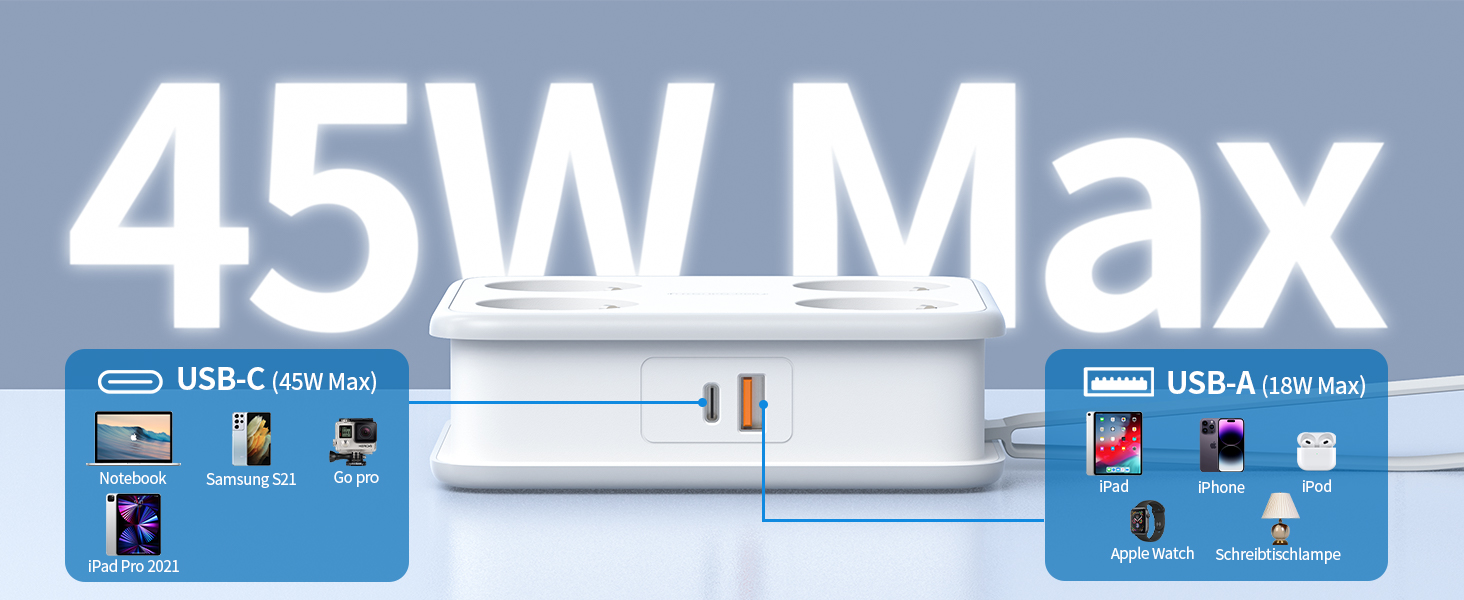 4 Fach Steckdosenleiste USB C Mehrfachsteckdose USB
