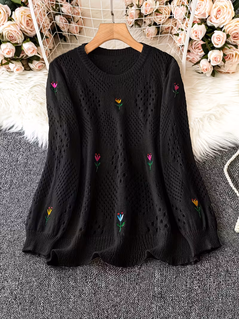 plus size floral embroidery sweater casual cut out long sleeve crew neck sweater for spring womens plus size clothing Product details 15