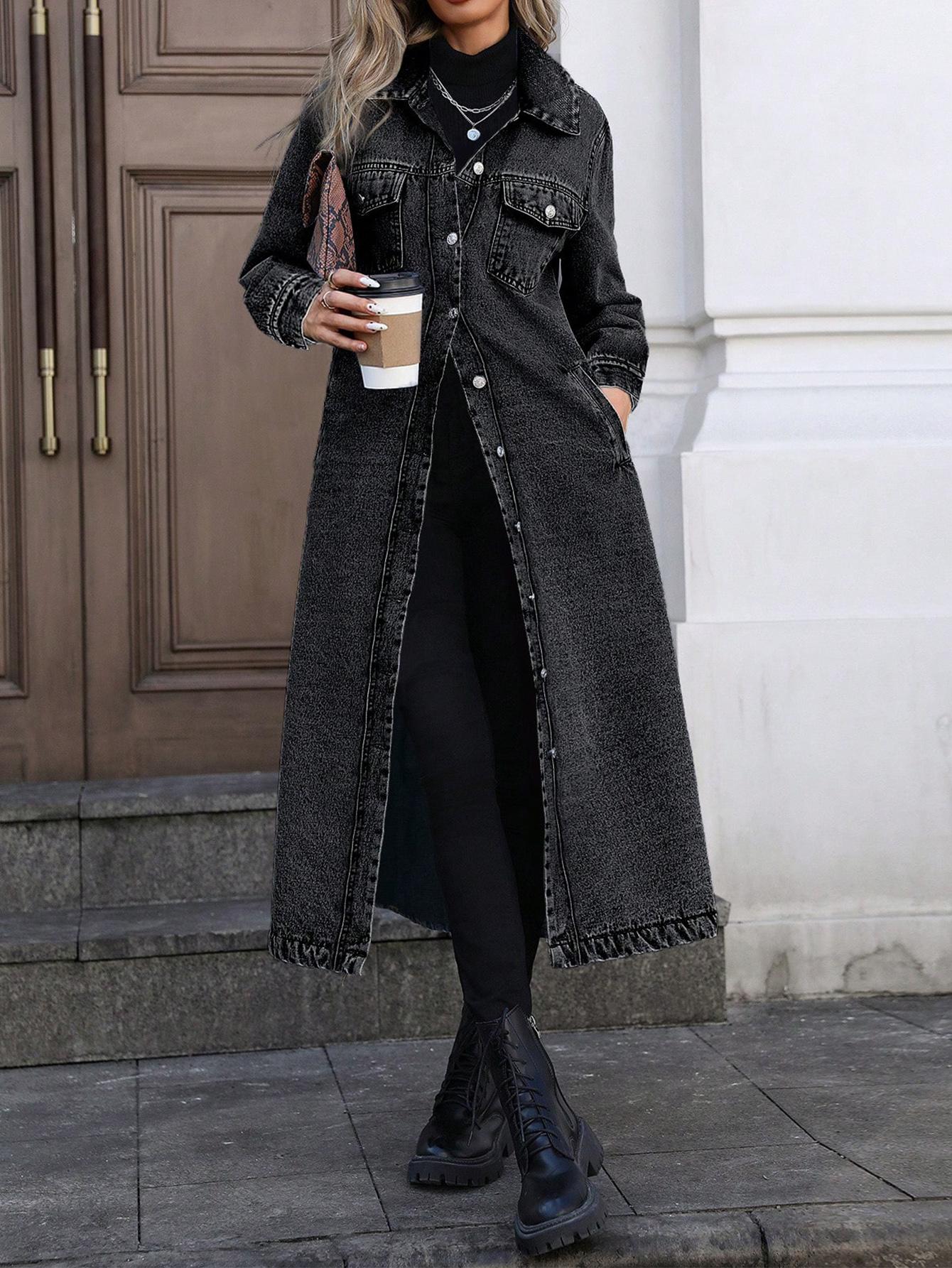Women's Button Front Denim Coat, Elegant Casual Long Sleeve Outerwear for Spring & Fall, Women's Clothing for Daily Wear