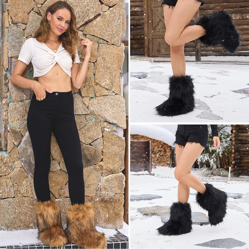 IUV Women's Fluffy Faux Fur Boots Snow Boots for women Winter Round Toe Suede Snow Women's mid-calf Boots Outdoor Indoor Flat Boots Comfy Plush Warm Short Boots Brown Black Pink White Boots Y2k Boots