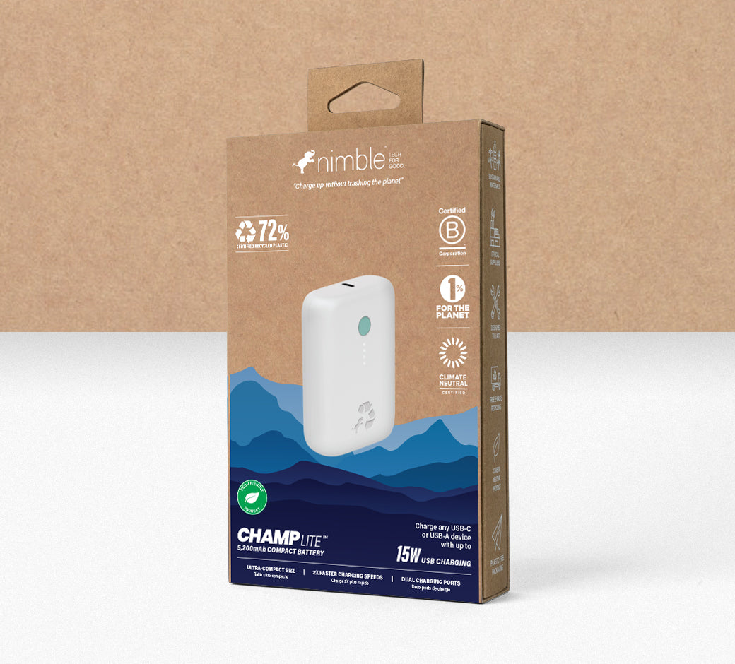 Packaging for Nimble Champ Lite power bank emphasizing eco-friendly features and compact design.