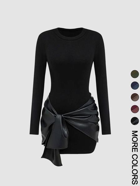 Women's Patchwork Knot Side Dress, Casual Fashion Long Sleeve Dress for Daily Wear, Ladies Clothes for All Seasons