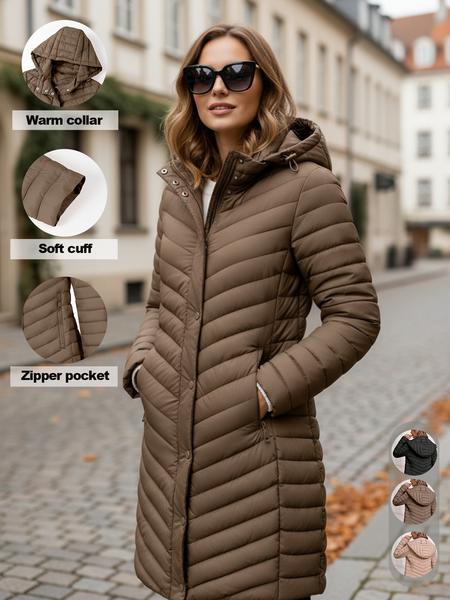 Women's Fall Winter Long Hooded Cotton Jacket, Windproof Waterproof Coat, Lightweight Down Vest, Casual Daily Wear, Warm Comfortable