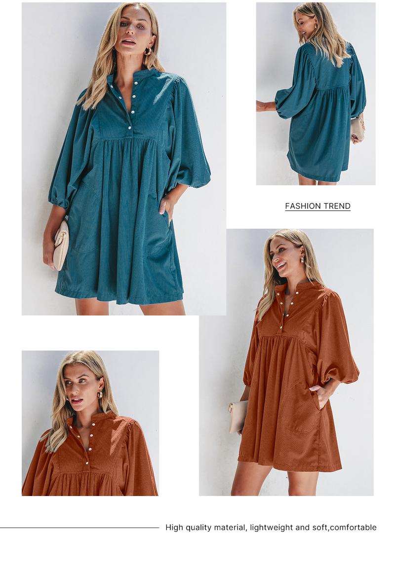 Asvivid Womens Fall Fashion Corduroy Snap Buttons Empire Waist Bracelet Sleeve Plain Dress with Puff Sleeves Casual Dresses Autumn Clothes