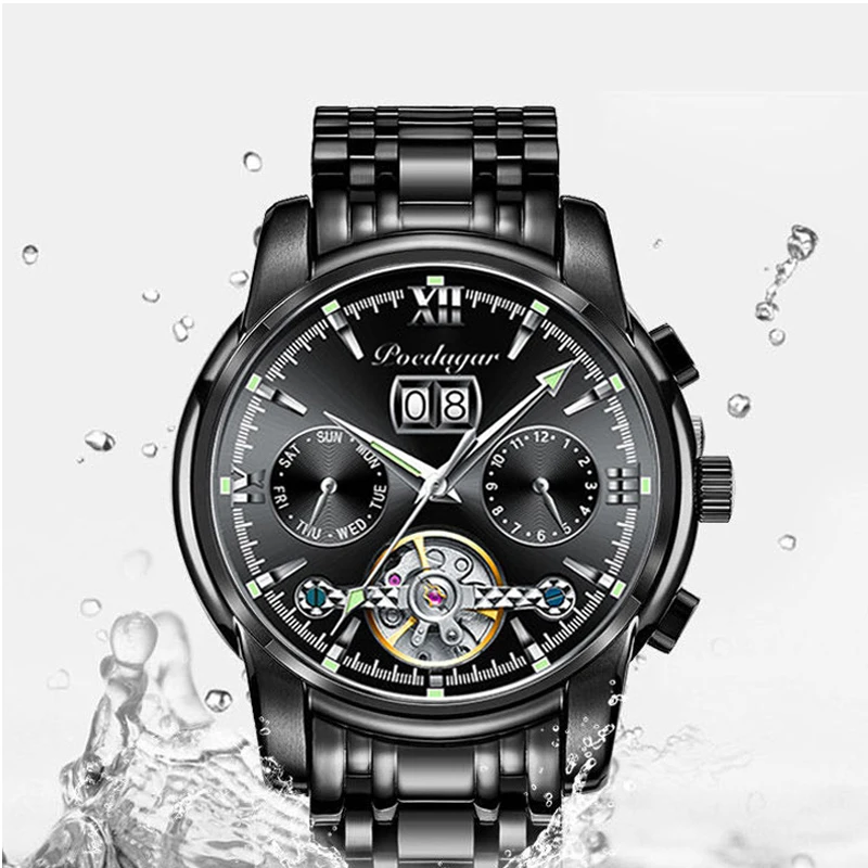 POEDAGAR 2021 Luxury Men Mechanical Wristwatch Genuine Leather Automatic Sports Chronograph Men Watches Top Brand Business Clock