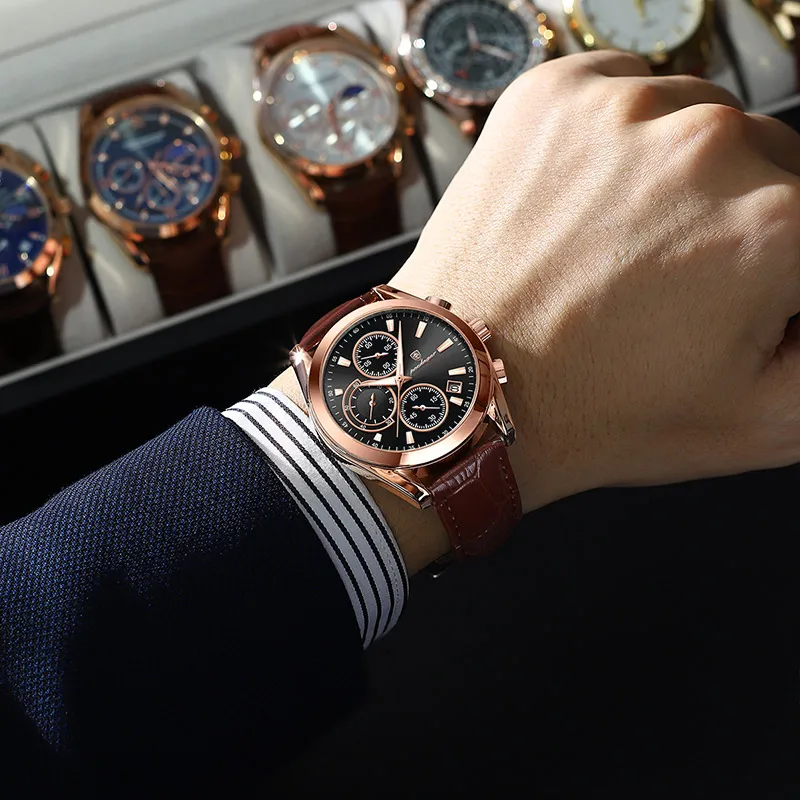 POEDAGAR Men Watches Top Brand Luxury Leather Wristwatch Sport Chronograph Waterproof Luminous Quartz Military Watch for Men