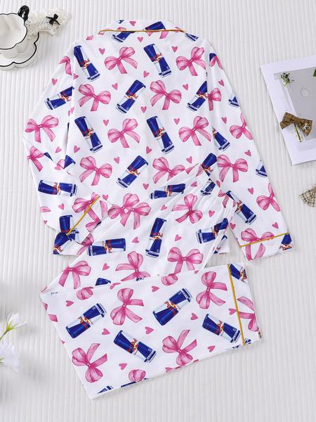 2-piece women's set with bow and heart design, long sleeve top, long pants with small pockets, comfortable, soft, skin-friendly, smooth fabric, elastic waistband, suitable for all seasons, casual loungewear, pajamas.