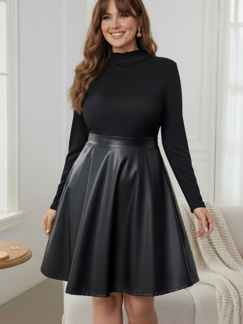 Plus Size A-Line Dress, Mock Neck Long Sleeve Woven Fabric, Fall & Winter Fashion, Elegant Party Style, Comfortable Slim Fit Design
