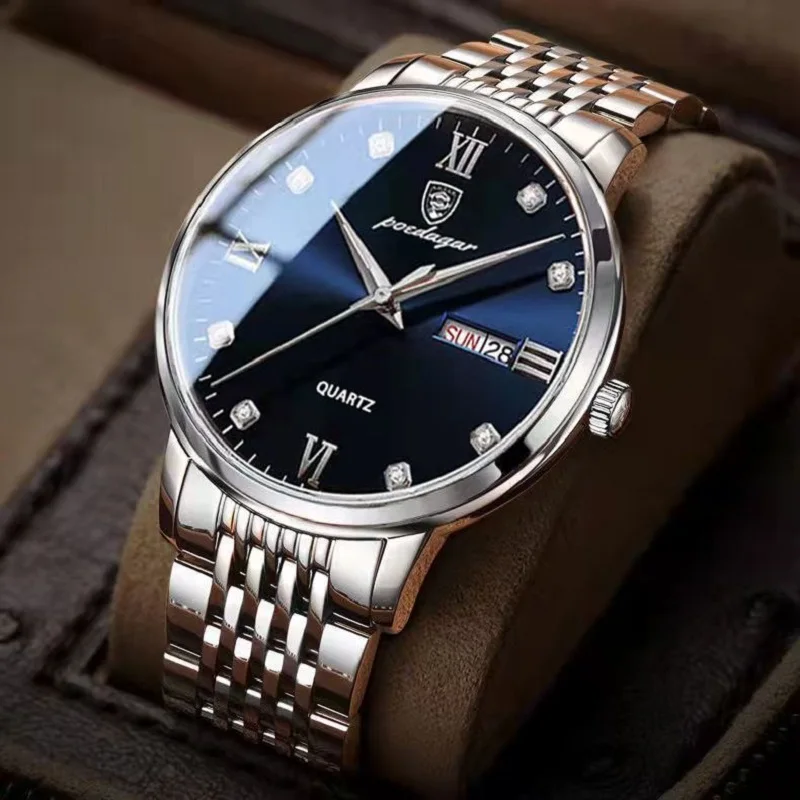 Poedagar Men Watch Luxury Waterproof Luminous Date Week Stainless Steel Mens Quartz Watches for Men Business Relogio Masculino