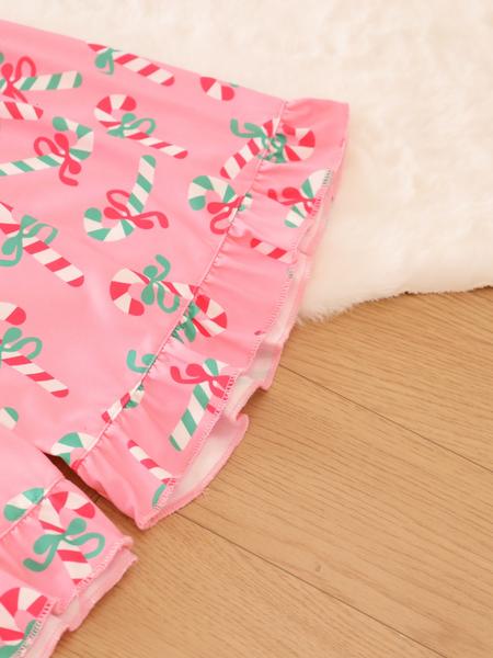 2 pieces of ladies' Christmas cane candy printed short sleeved shorts sleepwear set with buttons, collars, bows, suitable for comfortable and casual home wear in all seasons
