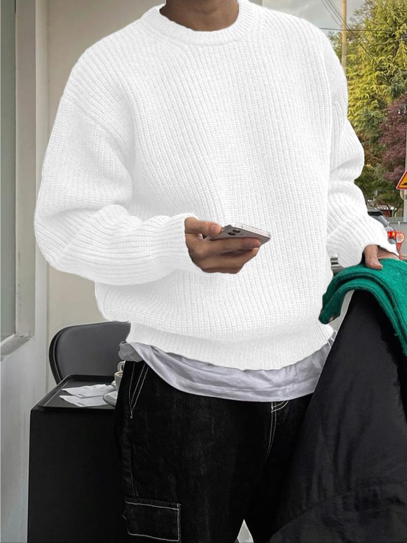 Men's Solid Drop Shoulder Cable Knit Sweater, Loose Casual Long Sleeve Round Neck Jumper for Fall & Winter, Fashion Men's Knitwear for Daily Wear