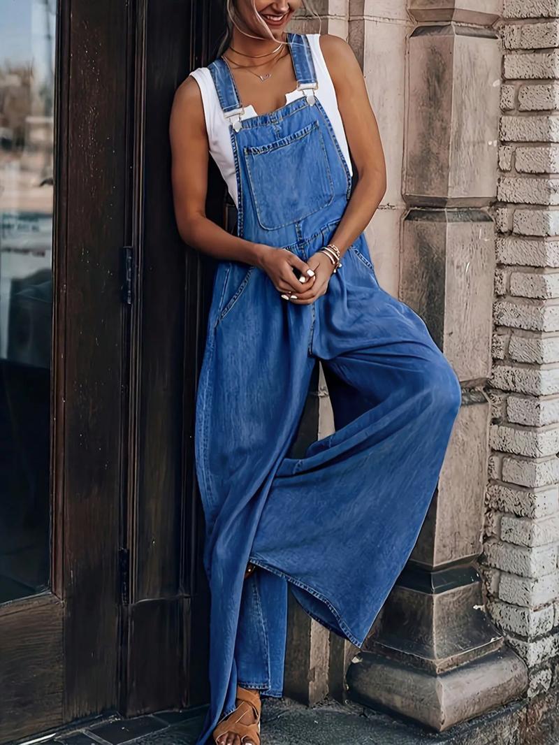 Women's Denim-Effect Print Plicated Wide Leg Overalls Jumpsuit, Minimalist Chic Fashion Casual Pocket Square Neck Overalls Jumpsuit for Daily Outdoor Wear, Ladies Clothes for All Seasons