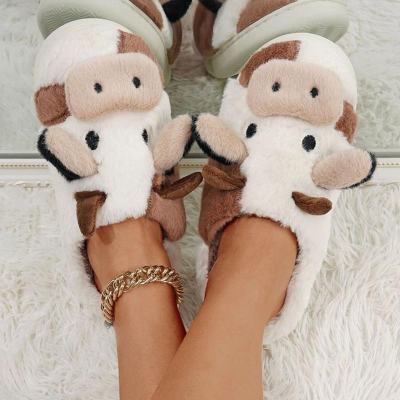 Cozy Cotton Cow Slippers for Women - Cute Animal Bedroom Shoes Winter Indoor Outdoor Slippers for Women