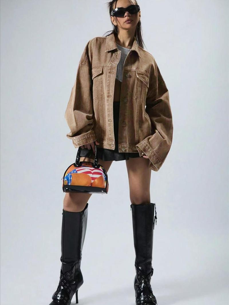 Women's Plain Button Front Drop Shoulder Denim Coat, Casual Long Sleeve Collared Pocket Outerwear for Daily Wear, Ladies Clothes for All Seasons, Clothing for Women