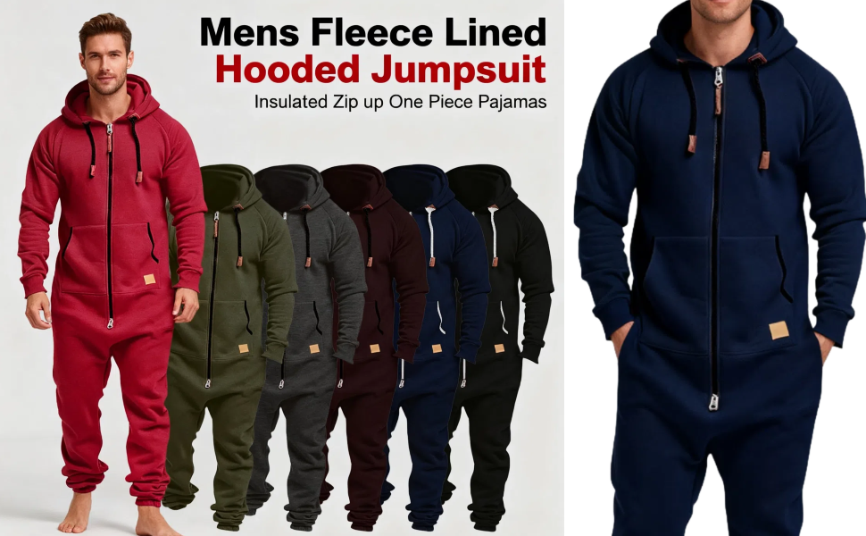 Mens Fleece Lined Hooded Jumpsuit Insulated Zip up One Piece Pajamas Onesie Playsuit Jogger Sweatsui