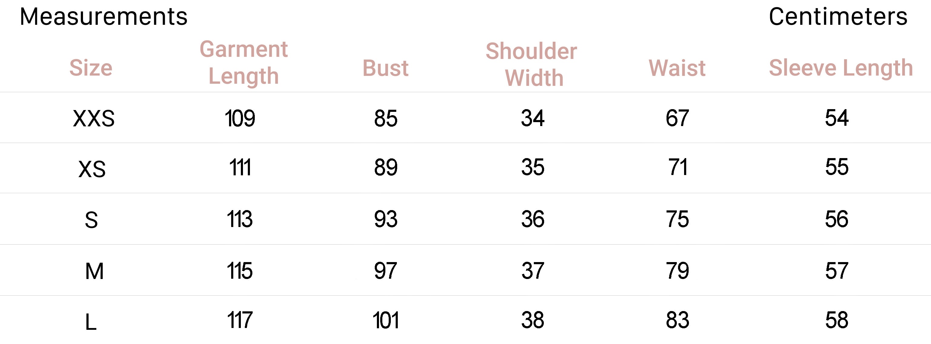 Measurements for Raya Dress in Black