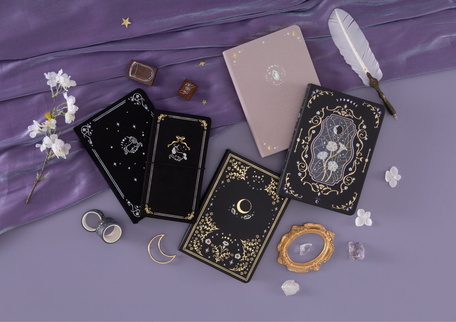 Notebook Therapy Tsuki Moonflower Magic Lunar Unicorn Notebook shown open with decorative journaling spread.