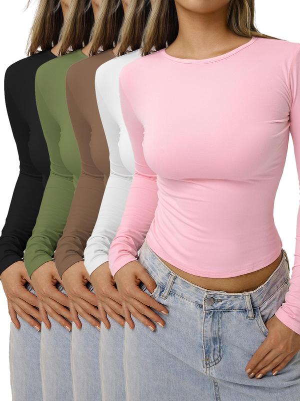 Women's Solid Ruched Long Sleeve Crop Lounge Tee, Casual Comfy Round Neck T-shirt for Daily Wear, Ladies Sleepwear for Spring & Fall, Pyjamas for Women