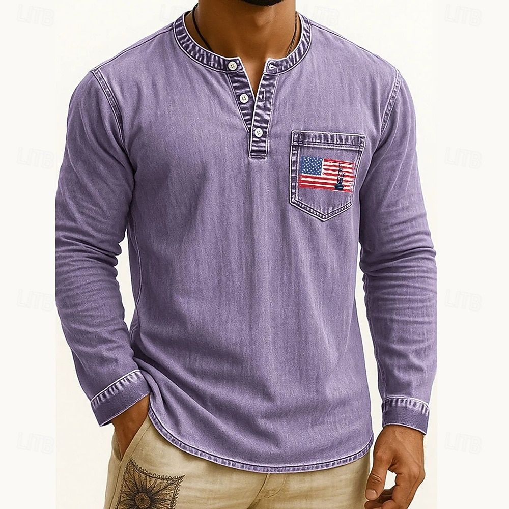 Men's Henley Shirt Tee Tee Top Long Sleeve Shirt Long Sleeve Henley Fall Winter Flag Retro Fashion Designer Fashion Vintage Vacation Street Going out Dark Brown Navy Black Top Tee for Men 2025 - $35.99 –P2