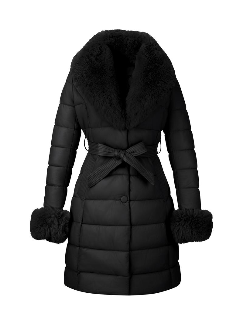 Women's Casual Outdoor Commuter Jacket with Faux Fur Collar, Warm Fashionable Leisure Wear, Includes Belt, Fall & Winter Thick Woven Fabric