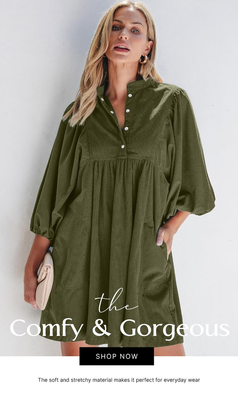 Asvivid Womens Fall Fashion Corduroy Snap Buttons Empire Waist Bracelet Sleeve Plain Dress with Puff Sleeves Casual Dresses Autumn Clothes