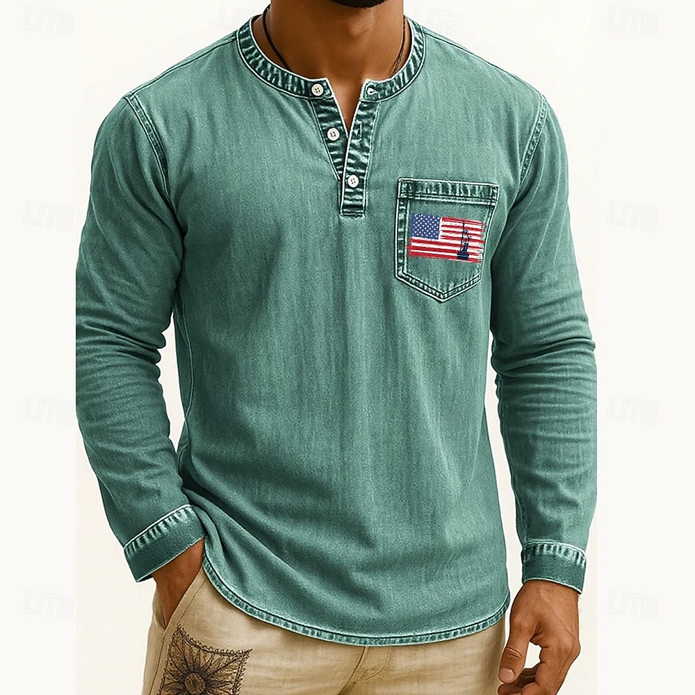Men's Henley Shirt Tee Tee Top Long Sleeve Shirt Long Sleeve Henley Fall Winter Flag Retro Fashion Designer Fashion Vintage Vacation Street Going out Dark Brown Navy Black Top Tee for Men 2025 - $35.99 –P5