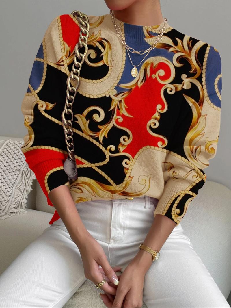 Women's Colorful Geometric Pattern Stand Collar Sweater, Fall Winter Casual Long Sleeve Knitwear, Comfortable Warm Daily Wear