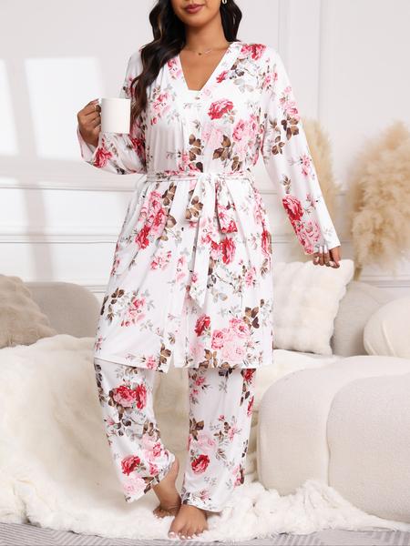 【Plus Size】 Three-Piece Set Floral Print Belted Lounge Robe & Cami Top & Elastic Waist Pants Pyjama Set, Elegant Comfy Drop Shoulder Long Sleeve Robe & Sleeveless Top & Bow Decor Trousers PJ Set, Women's Sleepwear for Spring & Fall, Pajamas