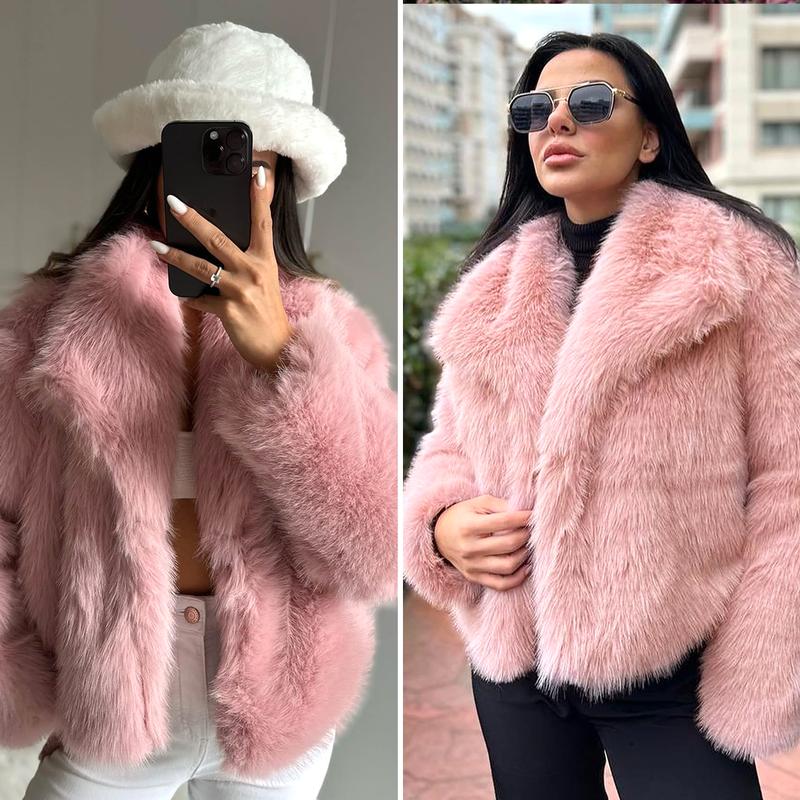 Buenoble Women's Brown Faux Fur Coat Winter Fluffy Short Jacket Warm Fuzzy Oversized Outwear Top Shaggy Collar Full Lining Short Jacket with Side Pockets