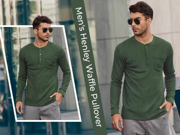 Fall Outfits Limited Time Clearance Men's Henley Shirts Long Sleeve Basic Waffle Pique Pullover T-Shirt with Pocket
