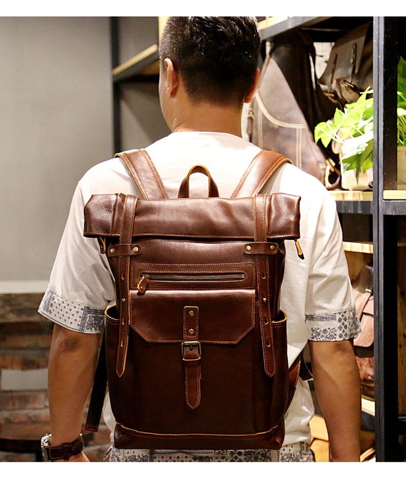 Outdoor Model Show of Woosir Leather Roll Top Backpack
